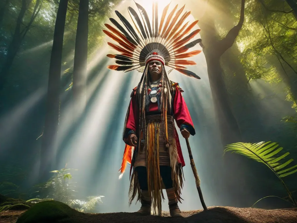 Descrição: Uma imagem mística de um xamã em pé em uma floresta densa, cercado por árvores imponentes e flora vibrante. O xamã está adornado com roupas tribais tradicionais, segurando um cajado cerimonial e usando uma coroa de penas. Raios de sol penetram pelo dossel, lançando um brilho etéreo sobre a cena.