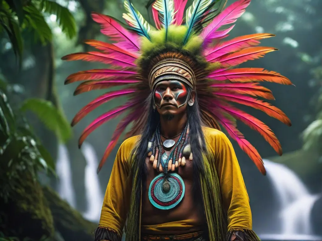 Descrição: Uma imagem cativante de um xamã em pé no meio de uma exuberante floresta tropical. Vestido com trajes tradicionais vibrantes, o xamã segura um cajado cerimonial adornado com penas e contas. A atmosfera mística é realçada pelos raios de sol que atravessam a densa folhagem, lançando um brilho etéreo no rosto sereno