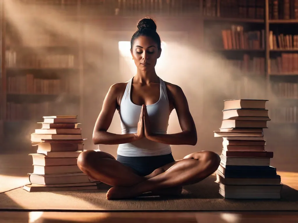 Uma imagem serena de uma pessoa praticando hot yoga cercada por uma pilha de livros. O indivíduo está em uma pose tranquila, com suor brilhando em sua testa, enquanto encontra equilíbrio entre o calor e a sabedoria derivada dos livros.
