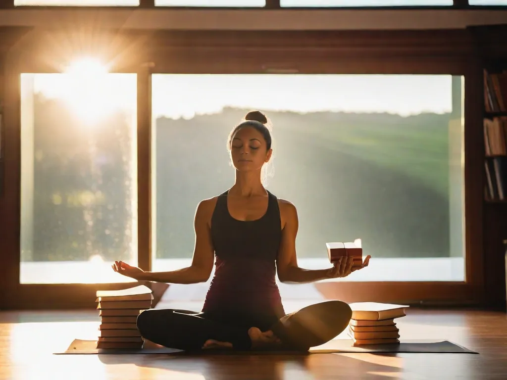 Uma imagem serena de um tapete de yoga colocado em cima de uma pilha de livros, criando uma harmoniosa combinação de exercícios físicos e mentais. Os livros simbolizam conhecimento e sabedoria, enquanto o tapete de yoga representa a prática do hot yoga, promovendo relaxamento e rejuvenescimento.