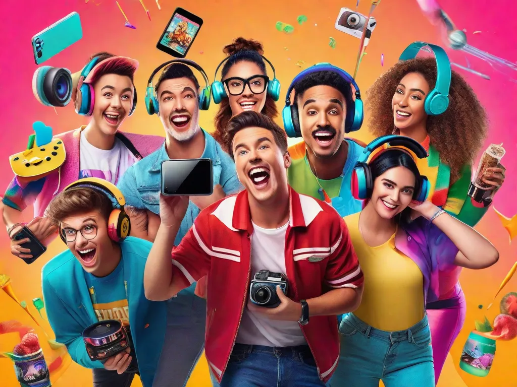 Uma imagem vibrante mostrando um grupo de YouTubers entusiasmados, cada um com seu próprio estilo e conteúdo único. Eles estão reunidos em um estúdio criativo, rodeados por câmeras, luzes e microfones, capturando sua paixão por criar vídeos envolventes e se conectar com seu público online.