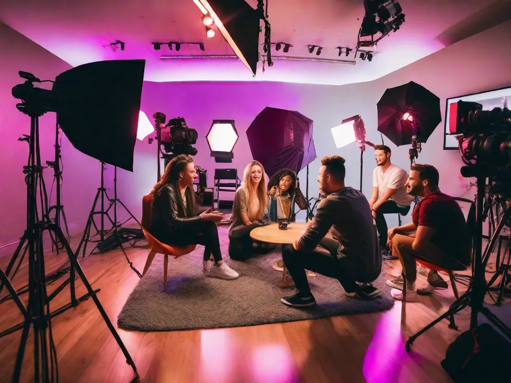Uma imagem vibrante mostrando um grupo de YouTubers entusiasmados em um estúdio bem iluminado, cercados por câmeras, luzes e uma variedade de adereços. Eles estão envolvidos em discussões animadas, filmando conteúdo cativante e irradiando criatividade e paixão para seu público online.