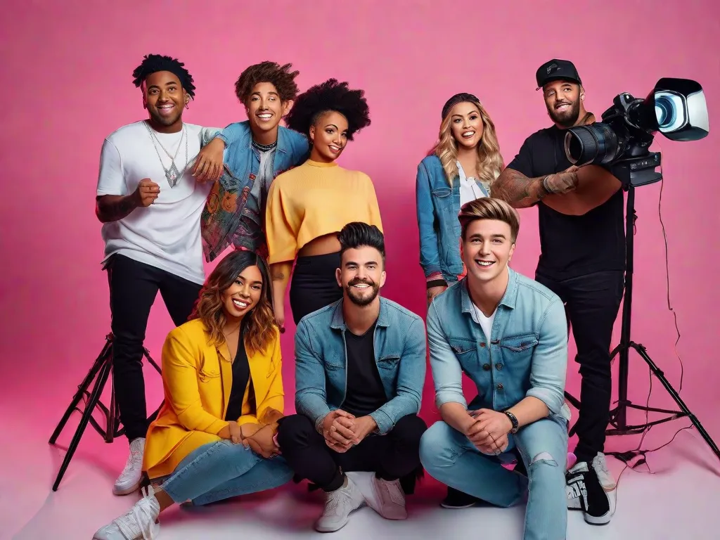 Uma imagem vibrante mostrando um grupo de YouTubers entusiasmados, cada um com seu próprio estilo e personalidade única. Eles estão reunidos em um estúdio bem iluminado, cercados por câmeras, luzes e vários adereços, prontos para criar conteúdo envolvente e compartilhar suas paixões com o mundo.