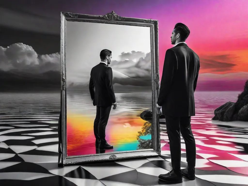 Uma fotografia em preto e branco de um homem em pé na frente de um espelho, mas em vez do seu reflexo, há uma paisagem vívida e colorida. A expressão do homem é de espanto e confusão, capturando a essência da mistura de surrealismo e realidade presente nas obras de Murilo Rubião.