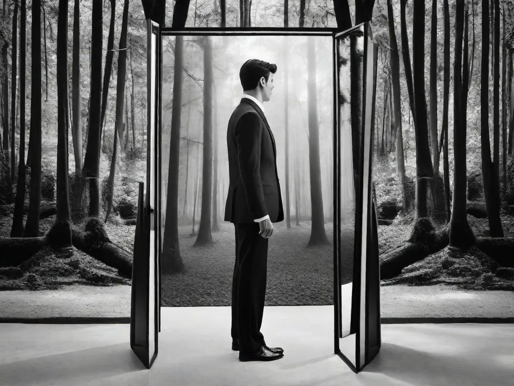 Uma fotografia em preto e branco de um homem em pé na frente de um espelho, mas em vez de seu reflexo, há uma porta que leva a uma floresta mística. O homem está vestido com um terno e sua expressão é uma mistura de curiosidade e apreensão, capturando a essência da narrativa surreal e cativante de Murilo Rubião.