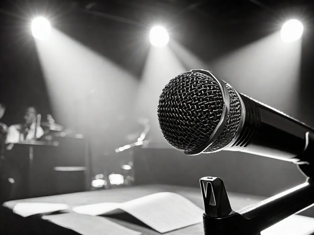 Uma fotografia em preto e branco de um microfone em um palco pouco iluminado, com um holofote brilhando sobre ele. O microfone está cercado por folhas de papel amassadas, simbolizando o processo poético. Ao fundo, podem ser vistos contornos de músicos icônicos brasileiros, representando os grandes nomes da MPB.