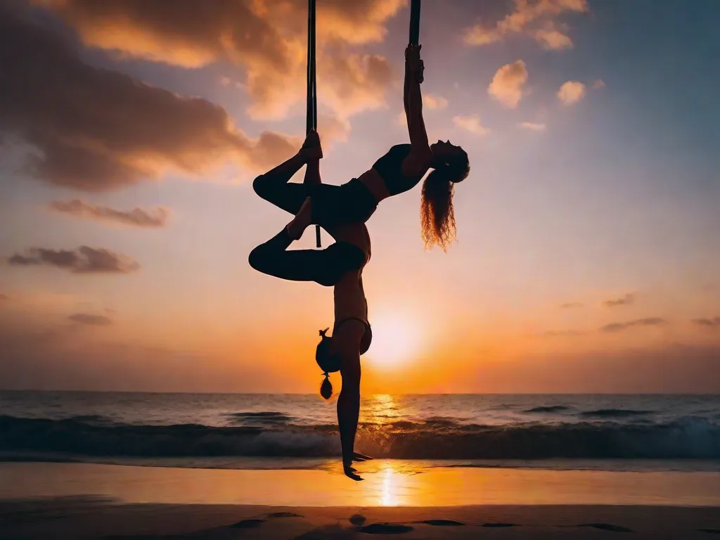 Uma imagem de tirar o fôlego captura dois praticantes de acroyoga suspensos no ar, seus corpos perfeitamente equilibrados em uma pose intricada. Sua força e confiança são evidentes enquanto eles apoiam um ao outro com facilidade, criando uma exibição harmoniosa de graça, flexibilidade e conexão. O pano de fundo do vibrante pôr do sol adiciona um to