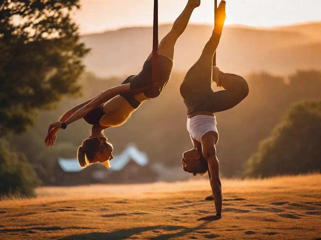 Uma imagem cativante captura duas pessoas suspensas no ar de forma graciosa, seus corpos entrelaçados em uma pose harmoniosa de acroyoga. Os tons quentes do pôr do sol iluminam suas expressões serenas, mostrando a força, equilíbrio e confiança necessários para alcançar uma proeza tão bela e inspiradora.