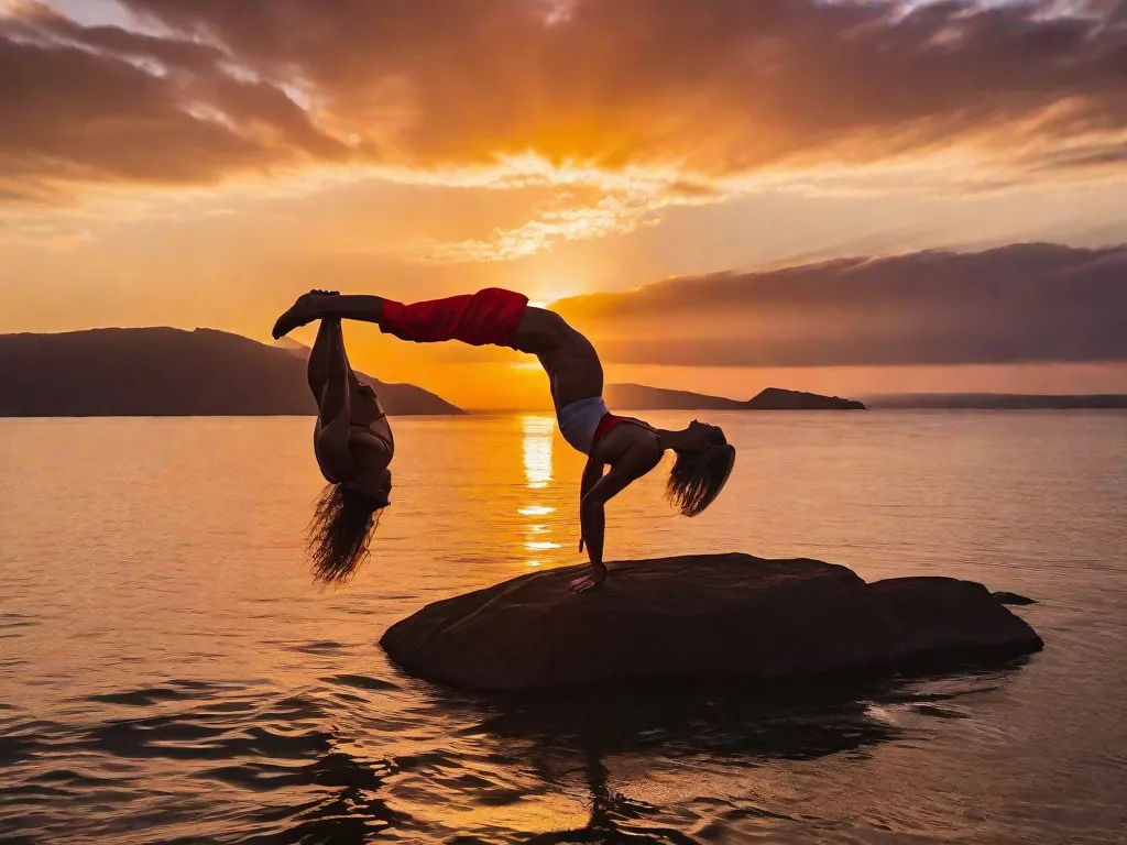Uma imagem de tirar o fôlego captura dois praticantes de acroyoga suspensos no ar, seus corpos perfeitamente equilibrados em uma pose intricada. Sua força e confiança são evidentes enquanto eles apoiam um ao outro com facilidade, criando uma exibição harmoniosa de graça, flexibilidade e conexão. O pano de fundo do vibrante pôr do sol adiciona um to