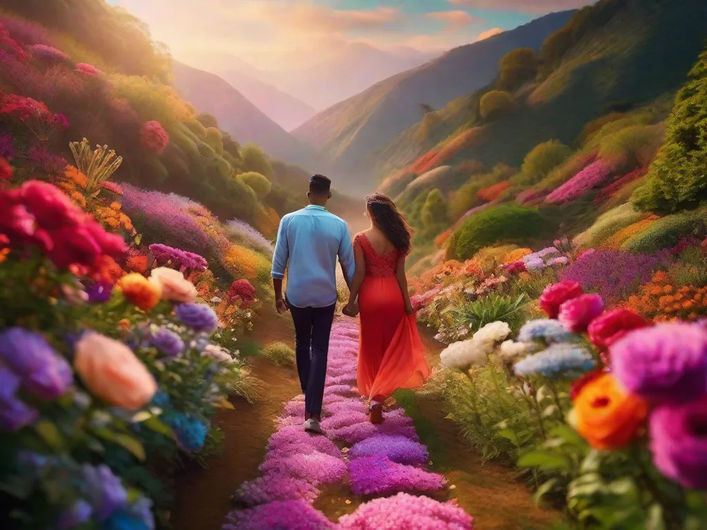 Descrição: Uma imagem de dois amigos caminhando de mãos dadas em um caminho vibrante e colorido, simbolizando uma 