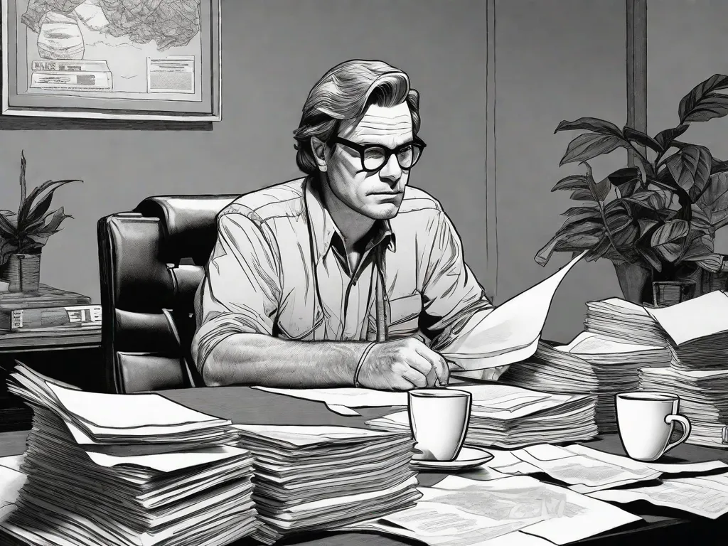 Descrição: Uma ilustração em preto e branco de Andre Dahmer, um cartunista brasileiro, sentado em uma mesa com uma caneta na mão, cercado por papéis amassados e xícaras de café vazias. Seu rosto reflete uma mistura de concentração e frustração enquanto ele cria seus quadrinhos únicos e instigantes.