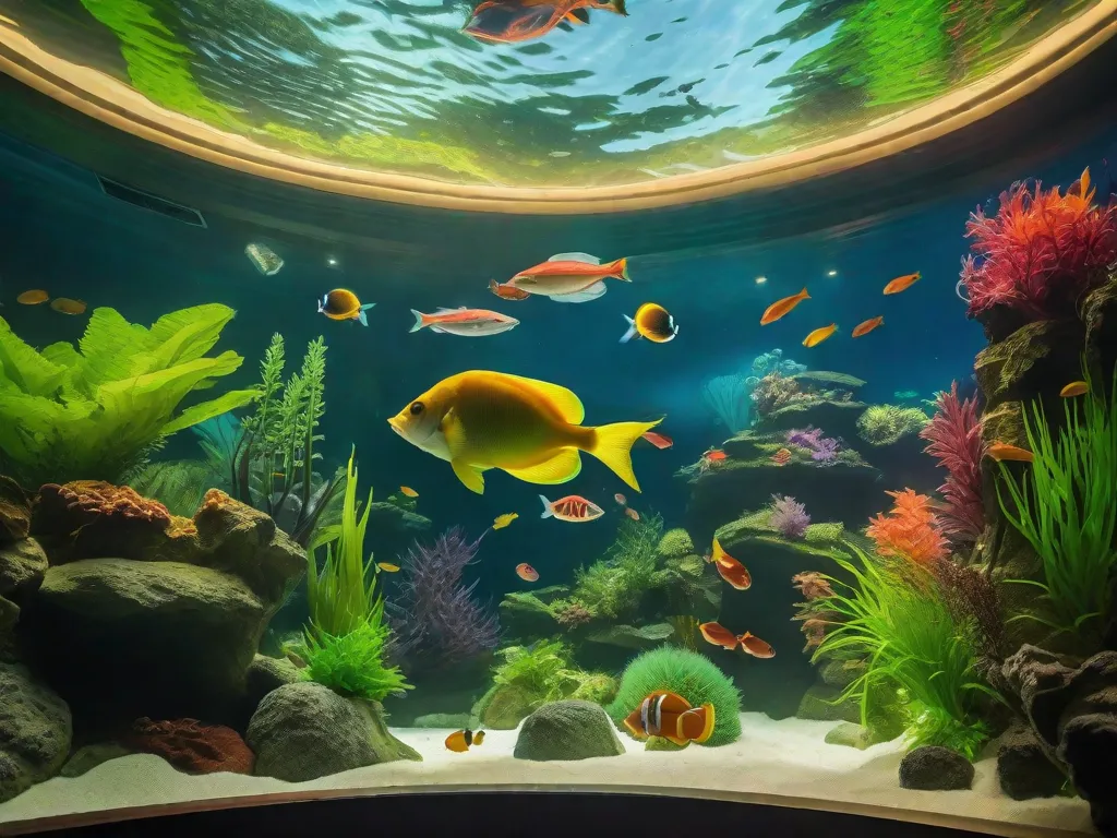 Descrição: Uma imagem vibrante e cativante de um aquário lindamente projetado, cheio de uma variedade diversa de peixes coloridos e plantas aquáticas. A cena hipnotizante subaquática exibe a tranquilidade e elegância desses ecossistemas aquáticos, convidando os espectadores a se imergirem nas maravilhas do mundo subaquático.