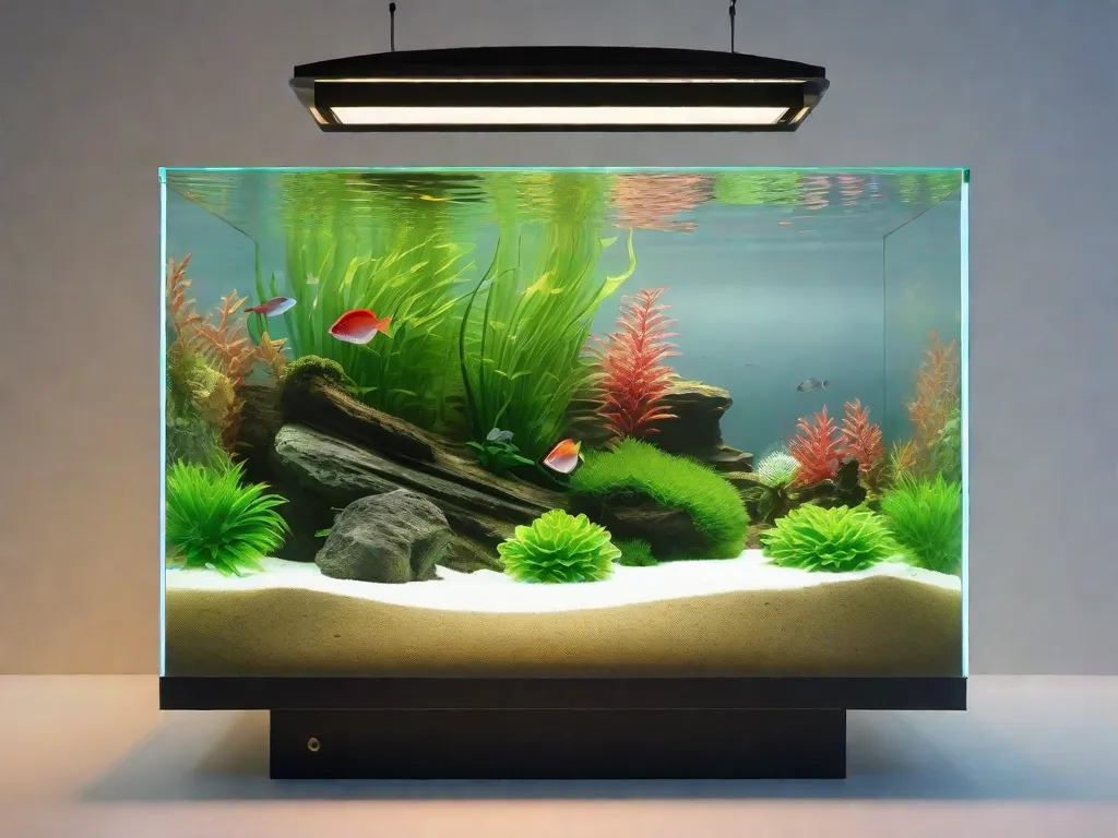 Um aquário lindamente projetado com plantas aquáticas vibrantes e peixes coloridos nadando graciosamente. A água é cristalina, refletindo a luz hipnotizante que atravessa o vidro. Isso cria um mundo subaquático sereno e cativante, oferecendo uma escapada tranquila do caos externo.