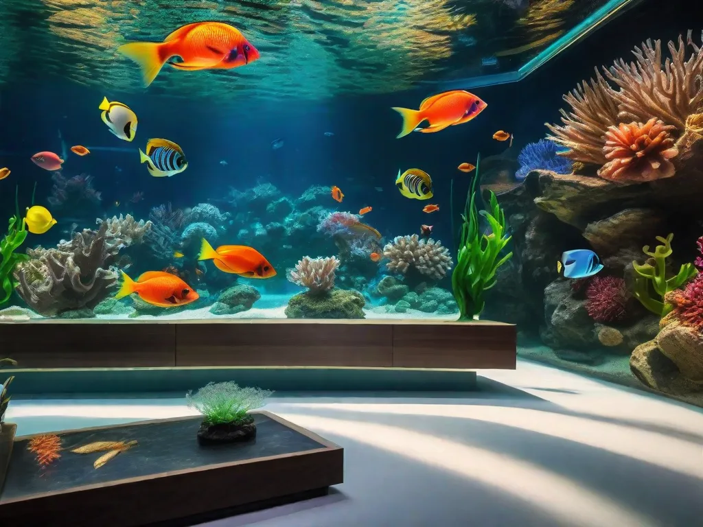 Descrição da imagem: Um aquário hipnotizante cheio de peixes tropicais vibrantes e coloridos nadando graciosamente entre plantas aquáticas verdes exuberantes. A água é cristalina, refletindo a luz cintilante que ilumina o mundo subaquático. É uma visão cativante que traz tranquilidade e beleza para qualquer ambiente.