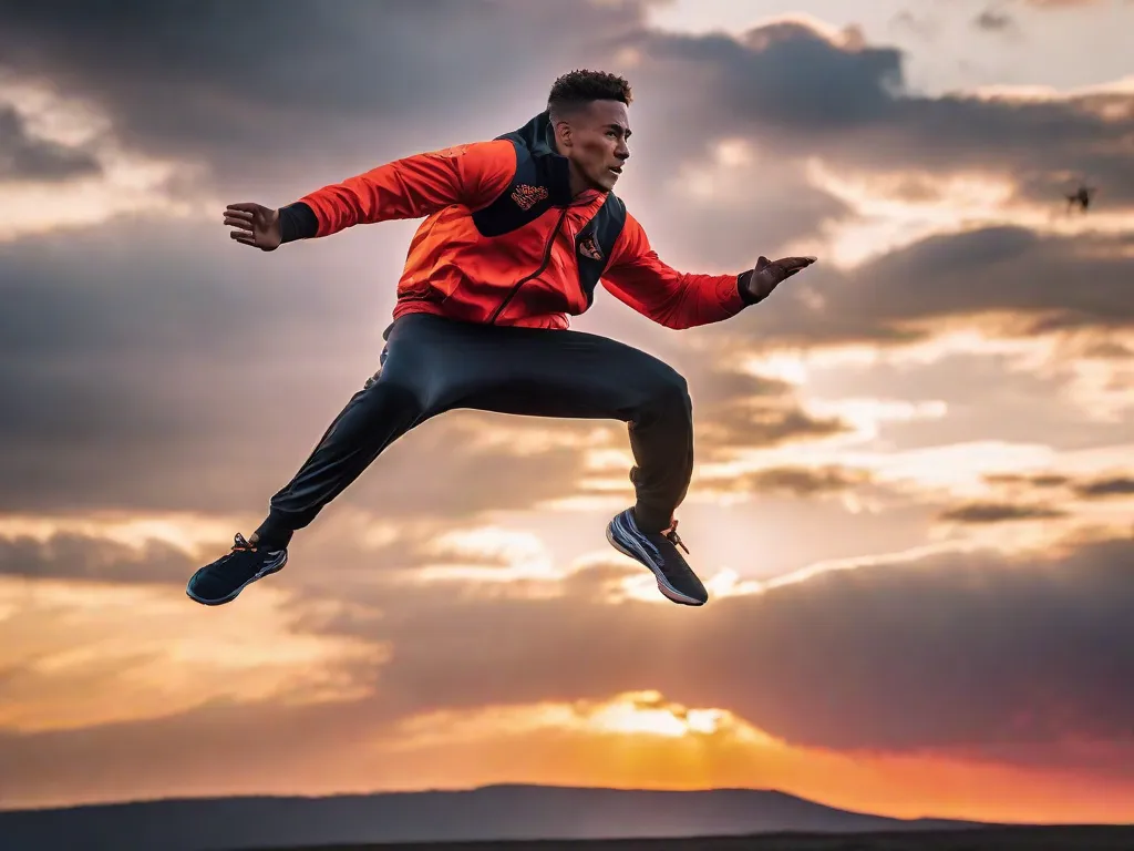 Descrição: Uma imagem empolgante captura a essência da ação enquanto um atleta destemido salta pelo ar, em meio a um incrível pôr do sol. Os braços estendidos do atleta e sua expressão concentrada exalam determinação e adrenalina, incorporando a emoção e empolgação de enfrentar desafios de frente.