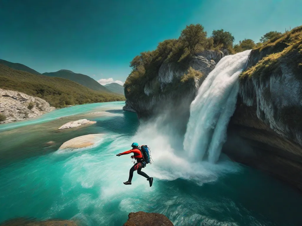 Descrição: Uma imagem emocionante captura a essência da ação, enquanto um destemido aventureiro salta de um penhasco para um rio turquesa abaixo. O momento no ar está congelado no tempo, mostrando a emoção da adrenalina e a beleza de tirar o fôlego da natureza.