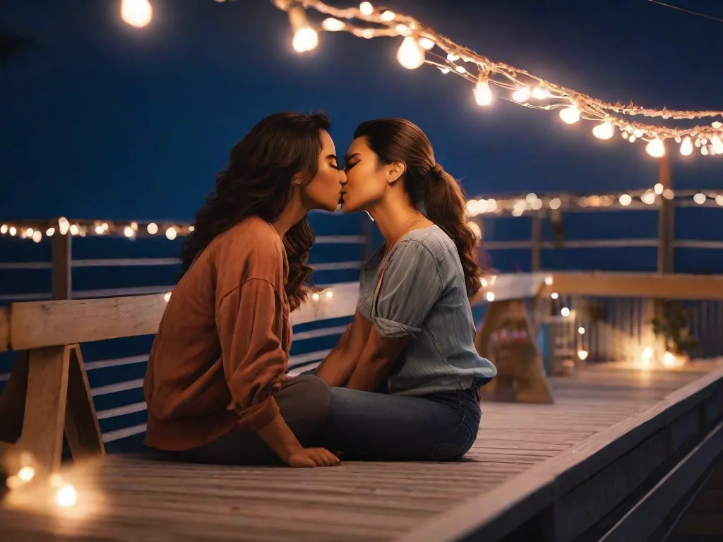 Uma imagem de duas mulheres sentadas em um aconchegante terraço no telhado, cercadas por luzes de corda cintilantes. Elas estão se inclinando uma para a outra, compartilhando um beijo suave sob a luz do luar. Suas mãos estão entrelaçadas, transmitindo uma conexão profunda e a beleza do romance sáfico.