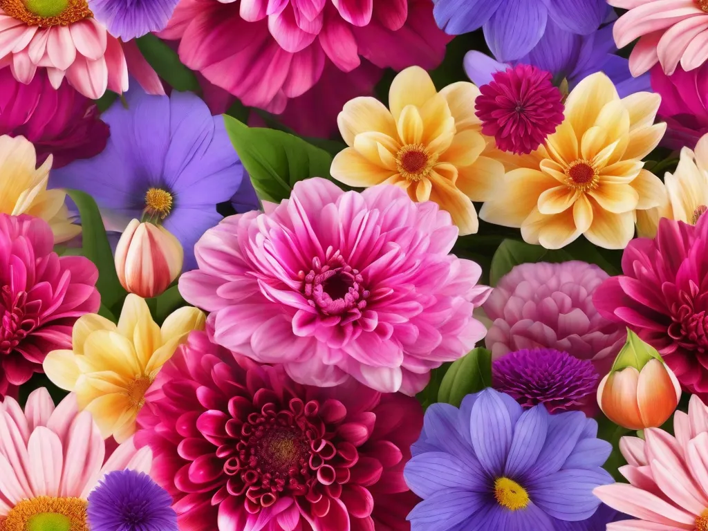 Um vibrante buquê de flores coloridas, florescendo em pleno esplendor, exibindo a beleza da natureza. Cada pétala exala um charme único, criando uma harmoniosa mistura de tons que cativam os sentidos. Essa imagem epitomiza a essência da beleza, nos lembrando das maravilhas requintadas que nos cercam.