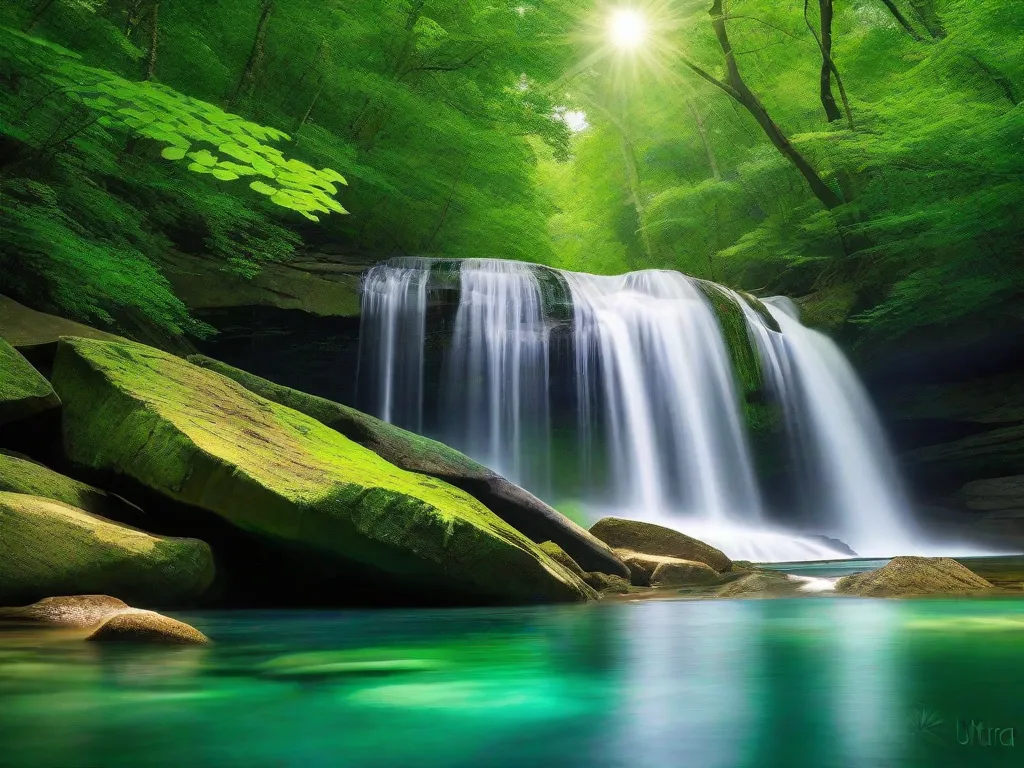 Tema: Serenidade da Natureza
Descrição: Uma imagem de tirar o fôlego de uma cachoeira isolada, aninhada em uma floresta verde exuberante. A água cristalina desce pelas rochas, criando um espetáculo hipnotizante do poder e da tranquilidade da natureza. A luz do sol penetra através do dossel, lançando um brilho suave na cena