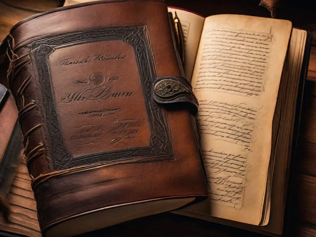 Uma imagem em close-up de um caderno de couro muito usado, suas páginas preenchidas com pensamentos e reflexões escritas à mão. O caderno é adornado com adesivos, flores prensadas e vários objetos de lembrança, refletindo a jornada pessoal e as experiências do dono.