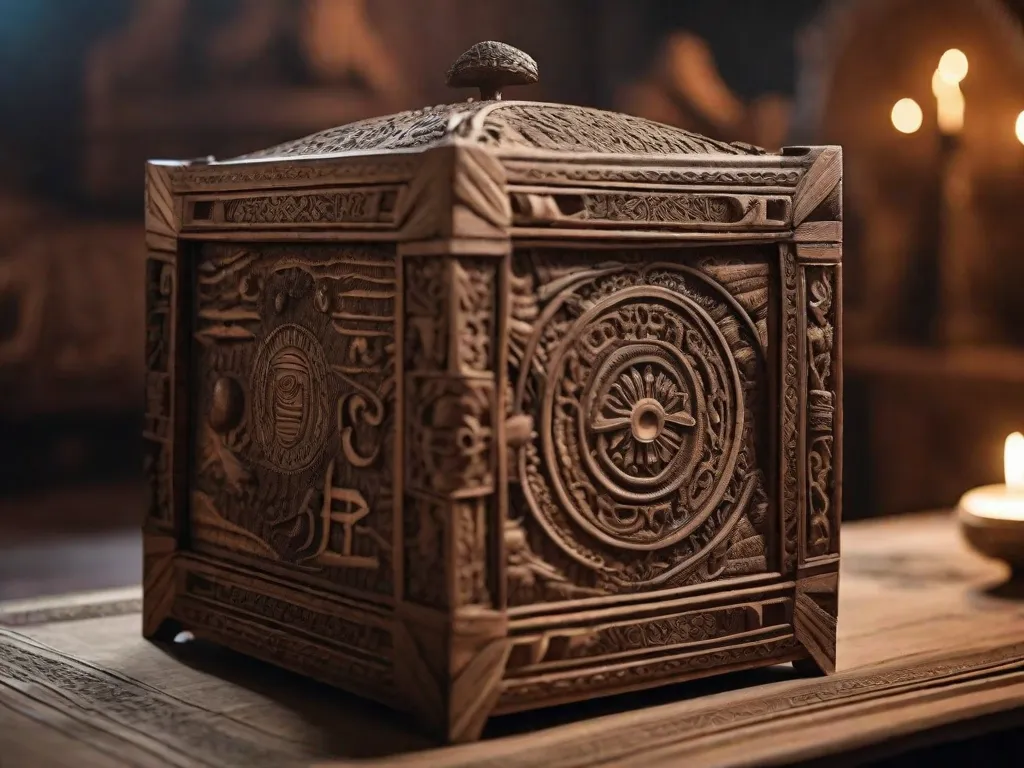 Uma imagem em close-up de uma caixa de madeira desgastada com entalhes intricados. Sua superfície é adornada com símbolos e padrões que contam a história de uma civilização há muito perdida. A caixa exala um ar de mistério e guarda a promessa de desvendar segredos antigos e tesouros esquecidos.