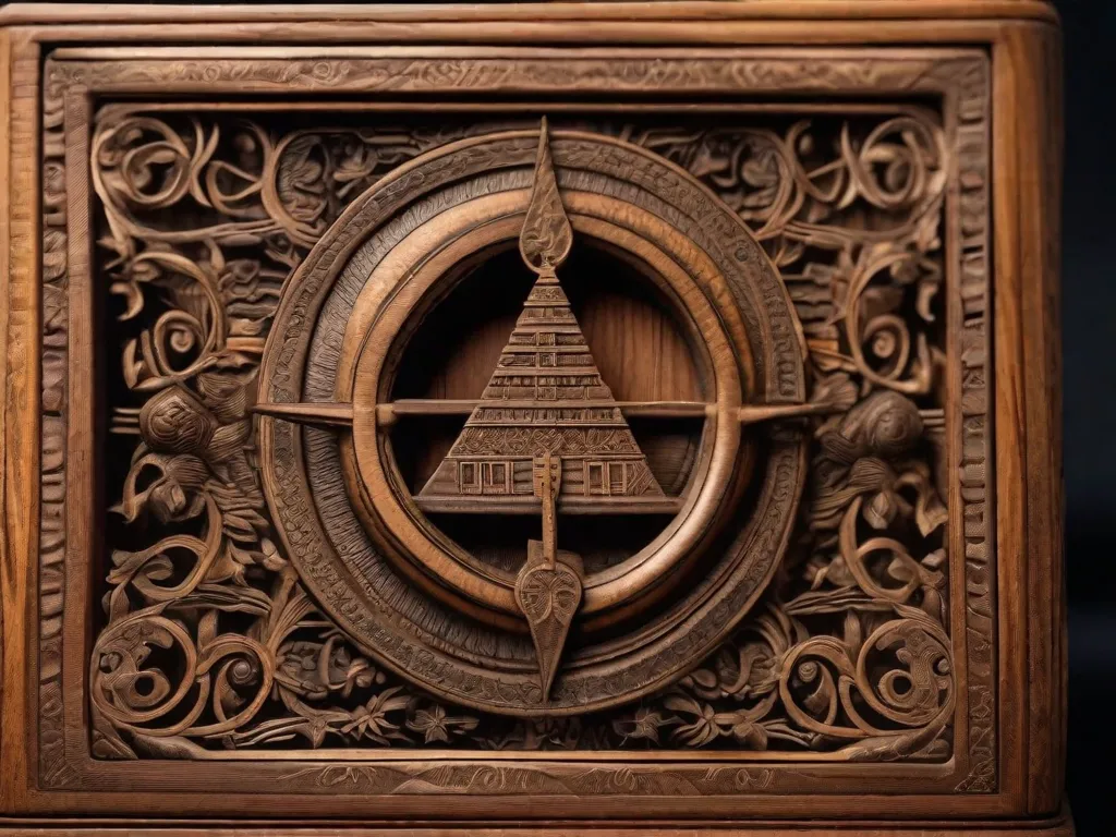 Uma imagem em close-up de uma caixa de madeira desgastada, com entalhes intricados. A caixa é adornada com delicadas gravuras de flores e folhas, destacando a habilidade e atenção aos detalhes. Sua aparência envelhecida conta histórias do passado, evocando uma sensação de mistério e nostalgia.