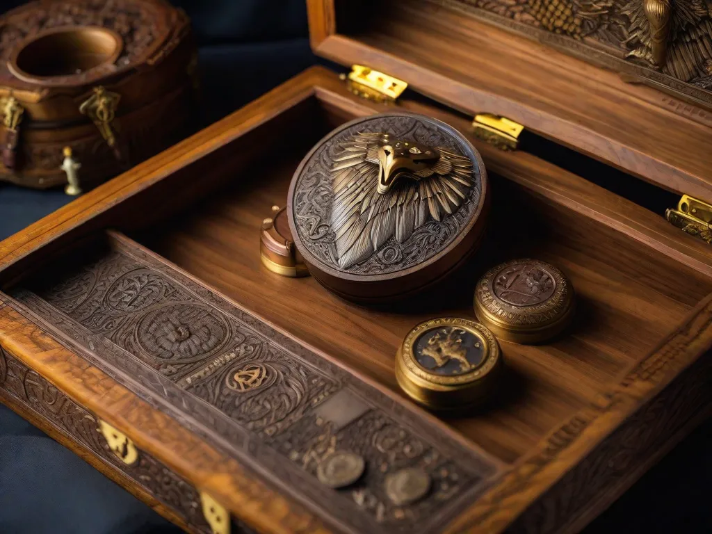 Uma caixa de madeira adornada com entalhes intricados, lembrando a série Game of Thrones. A caixa está cheia de várias peças de jogo, cada uma representando uma casa ou personagem diferente do programa. A tampa está aberta, revelando um campo de batalha de estratégia e intriga esperando para ser jogado.