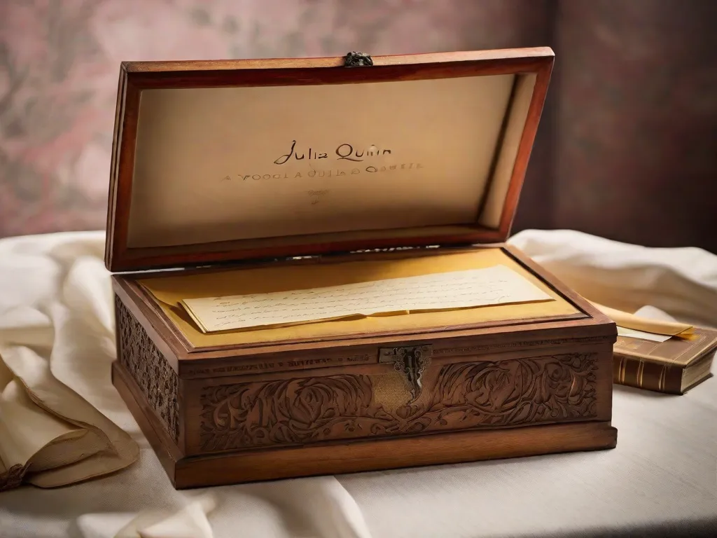 Uma caixa de madeira antiga com entalhes intricados, adornada com rosas delicadas e padrões sinuosos. A caixa é elegantemente envelhecida, exalando charme e mistério. Seu conteúdo permanece um segredo, esperando para ser descoberto, assim como os encantadores romances de Julia Quinn.