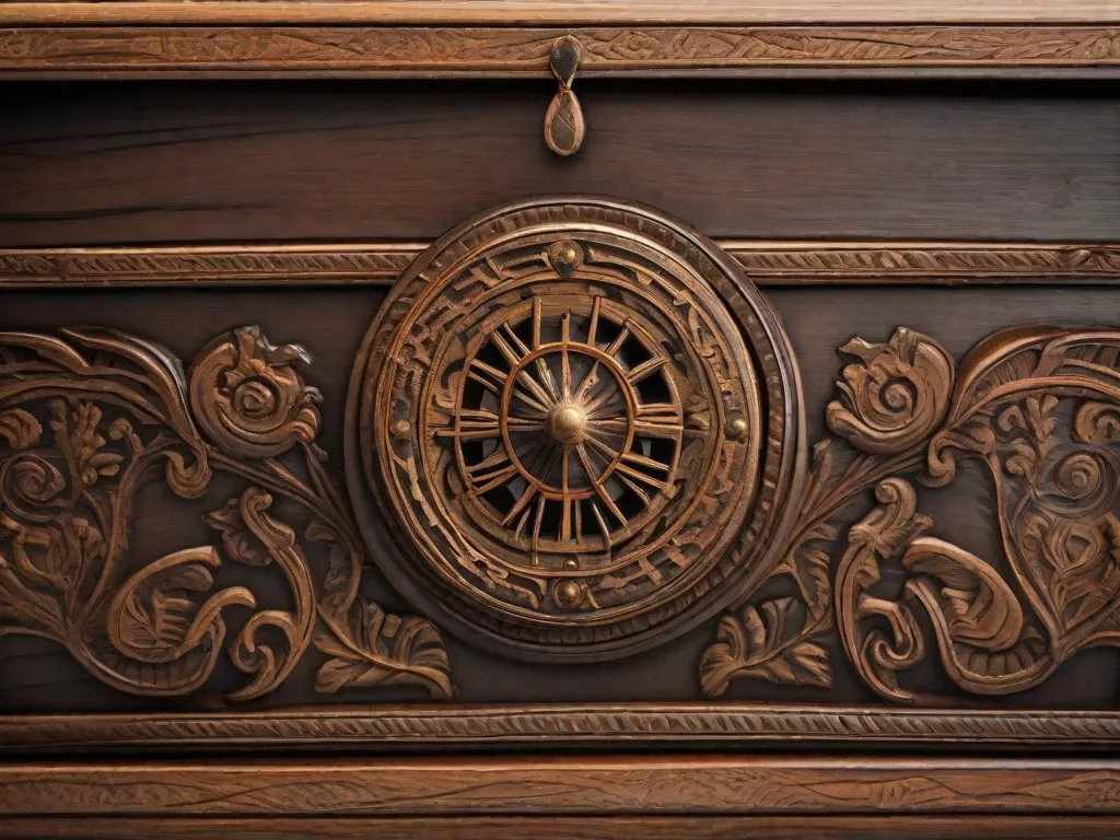 Uma imagem em close-up de uma caixa de madeira desgastada, com entalhes intricados, lembrando a habilidade artesanal tradicional. Sua superfície mostra sinais de envelhecimento, com tinta desbotada e bordas desgastadas. A caixa exala um senso de mistério e intriga, sugerindo os tesouros ou segredos ocultos que podem estar dentro dela.