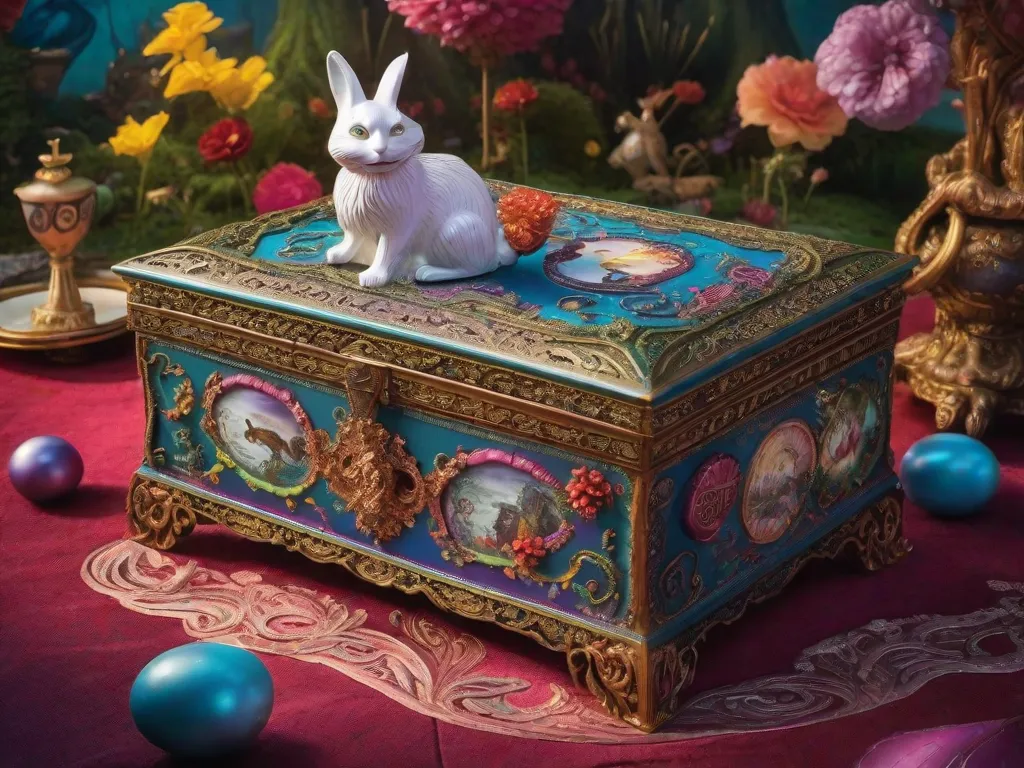 Descrição: Uma imagem encantadora de uma caixa vibrante e extravagante adornada com ilustrações intrincadas inspiradas em