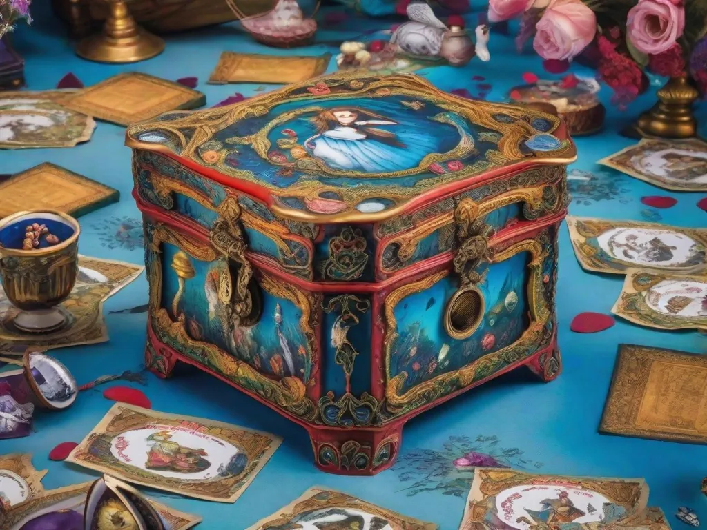 Descrição: Uma imagem vibrante e extravagante que retrata uma caixa misteriosa adornada com padrões e cores intricadas. A caixa está aberta, revelando uma cena surreal de Alice no País das Maravilhas. Alice, vestindo seu icônico vestido azul, está rodeada por personagens peculiares como o Gato de Cheshire, o Chapeleiro Maluco e a Rainha de Copas, tudo em um