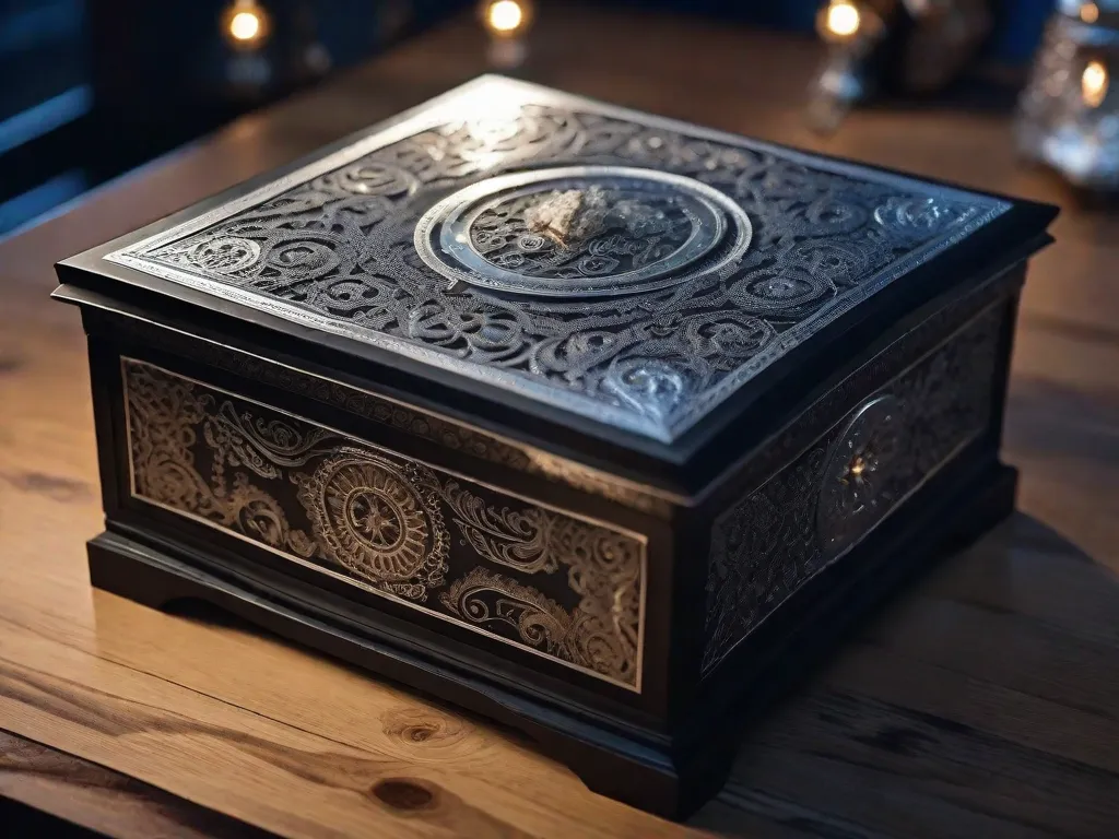 Descrição: Uma misteriosa caixa preta repousa sobre uma mesa de madeira, iluminada por um suave feixe de luz. Sua superfície é adornada com intricados padrões prateados, assemelhando-se ao céu noturno. A caixa parece guardar segredos e sussurros do crepúsculo, convidando curiosidade e intriga.