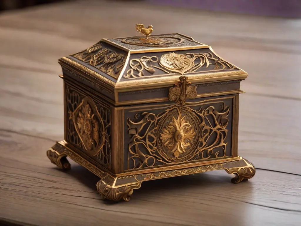 Uma imagem majestosa e elegante de uma caixa dourada adornada com padrões intricados e o emblema da família Bridgerton. A caixa é delicadamente aberta, revelando uma coleção de cartas de amor amarradas com uma fita de cetim, representando a natureza apaixonada e romântica da série Bridgerton.