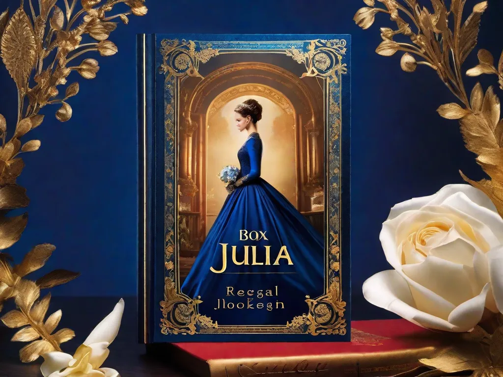 Uma vibrante capa de livro apresentando um fundo azul profundo e régio adornado com detalhes dourados. No centro, um título lindamente caligrafado
