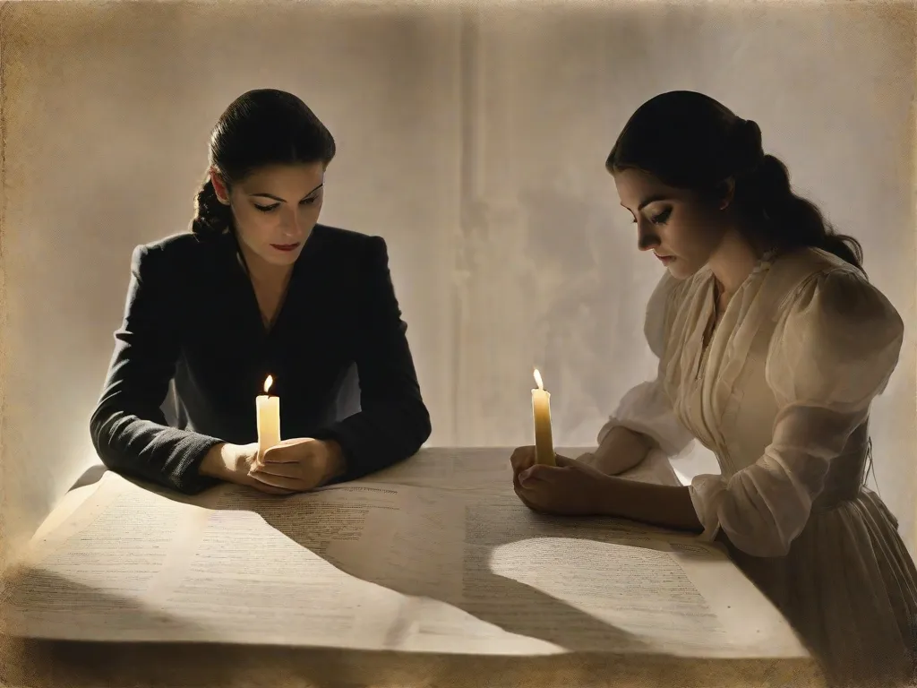 Na sala pouco iluminada, uma única vela tremula, lançando sombras sinistras nas páginas desgastadas de uma carta de amor. O ar está pesado de antecipação enquanto duas figuras ficam em extremidades opostas, seus olhos presos em uma mistura de desejo e incerteza. Irão eles sucumbir ao apelo do amor proibido ou serão consumidos pelo suspense do que está por vir?