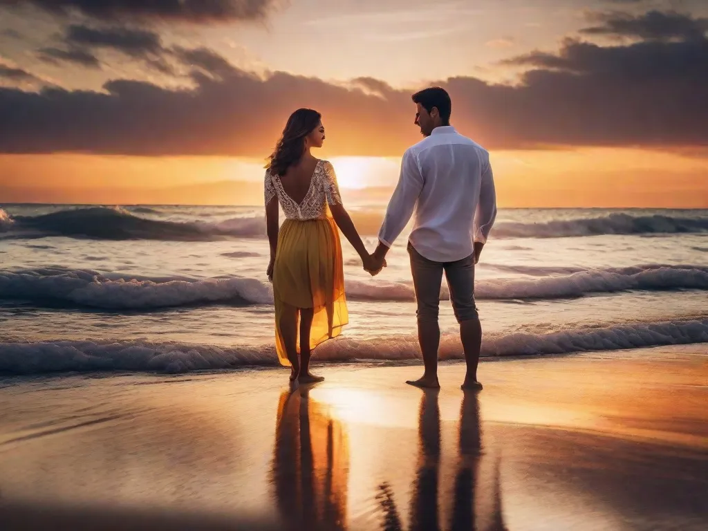 Um casal fica em uma praia pitoresca ao pôr do sol, de mãos dadas e olhando nos olhos um do outro. O amor deles é evidente enquanto se abraçam, simbolizando a beleza e a pureza do romance cristão. A imagem captura a essência do relacionamento deles, cheio de amor, respeito e conexão espiritual.