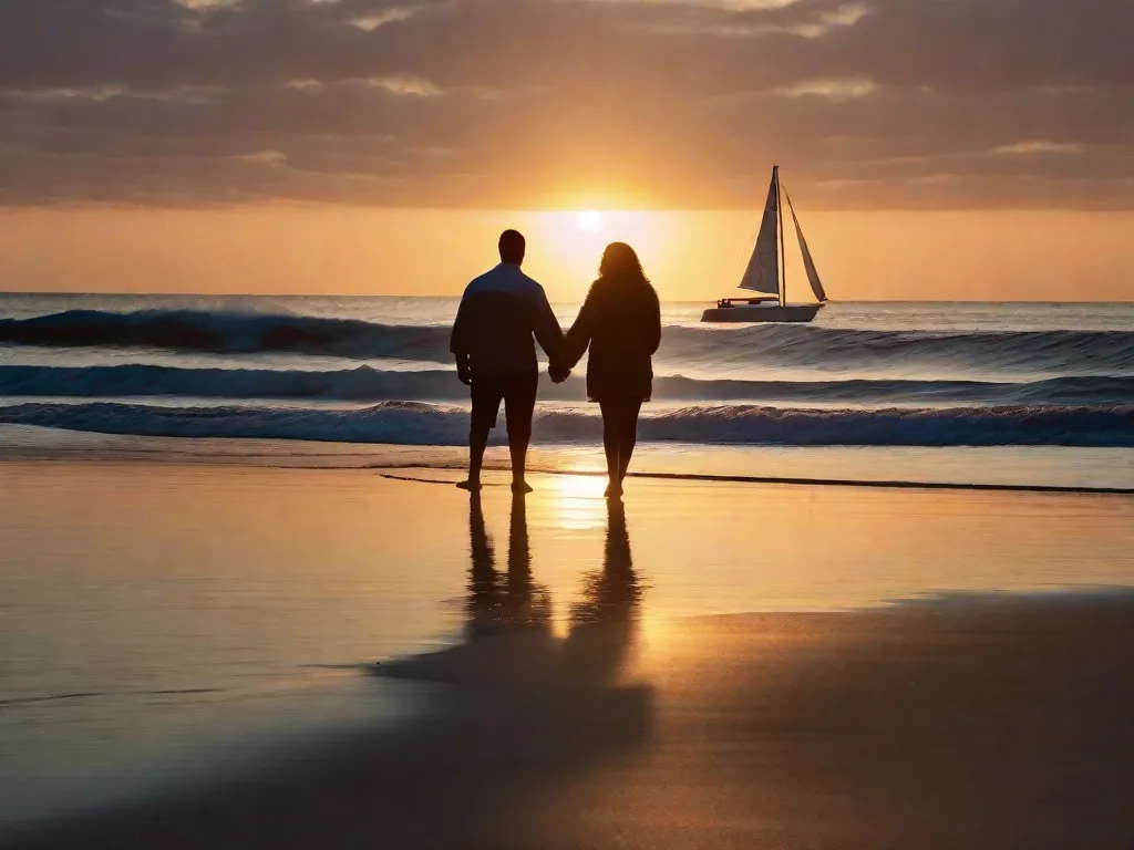 Um casal está em uma praia de areia, com os braços entrelaçados. O sol se põe, lançando um brilho quente nas ondas do oceano que batem na costa. Ao longe, um veleiro solitário desliza tranquilamente pelo horizonte, simbolizando o amor e romance atemporais encontrados nos romances de Nicholas Sparks.