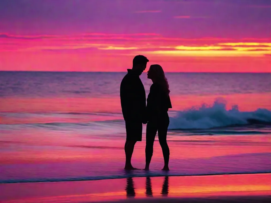Um casal está em uma praia isolada ao pôr do sol, suas silhuetas entrelaçadas contra um cenário de tons vibrantes de rosa e laranja. Com um abraço suave, eles compartilham um momento íntimo, seu amor irradiando pelo ar conforme as ondas quebram suavemente na praia.
