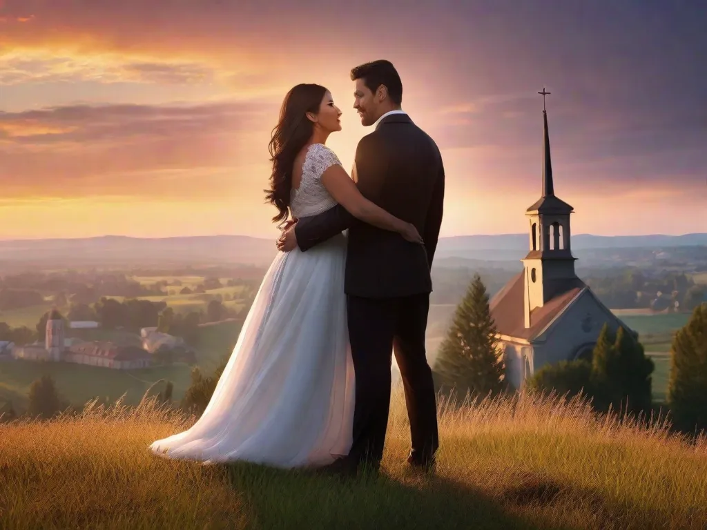 Um casal está em pé no topo de uma colina pitoresca, banhados pelo caloroso brilho do pôr do sol. Eles seguram as mãos, seus olhos fixos com amor e devoção. Ao fundo, uma torre de igreja se ergue, simbolizando a fé compartilhada e o alicerce de seu romance cristão.