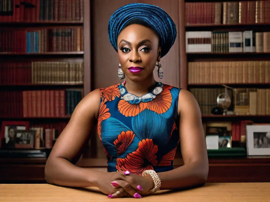 Descrição da imagem:
Uma imagem poderosa capturando Chimamanda Ngozi Adichie, a renomada autora nigeriana e feminista. Ela está alta, exalando confiança e inteligência. Seus olhos expressivos transmitem uma sensação de determinação e paixão. A vestimenta vibrante de Adichie reflete sua herança cultural, enquanto sua postura elegante simboliza sua presença