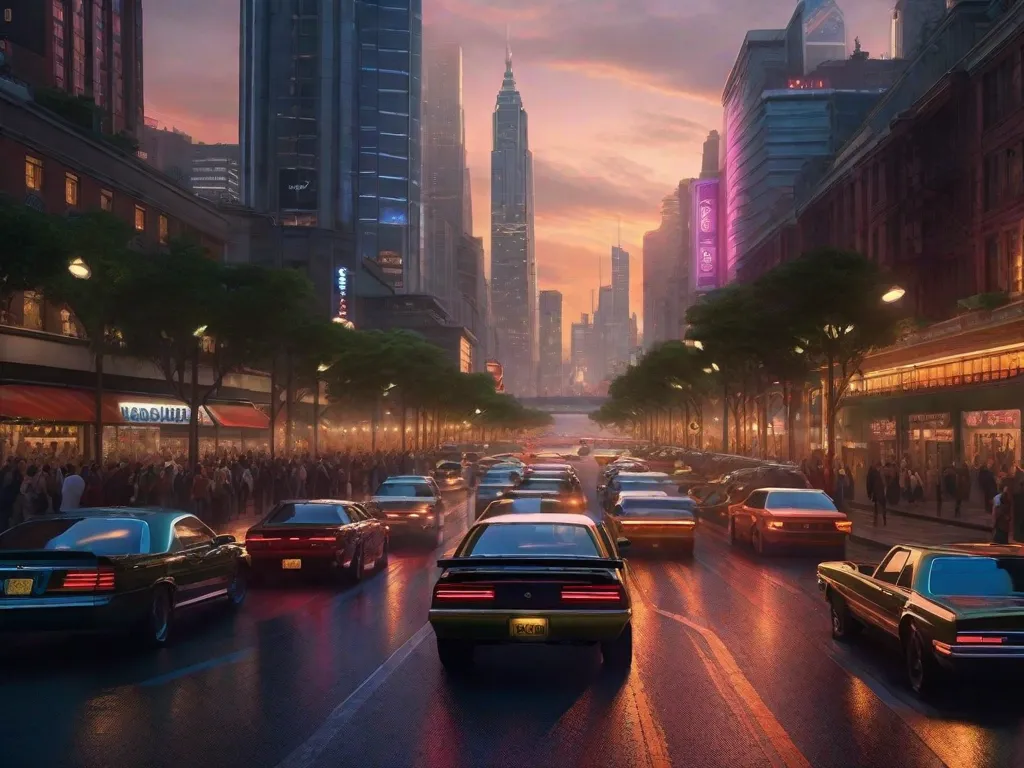 Descrição: Uma paisagem urbana movimentada ao entardecer, com arranha-céus imponentes que se estendem em direção ao céu. As ruas abaixo estão cheias de um mar de carros e pedestres, criando uma atmosfera vibrante e energética. As luzes da cidade iluminam a cena, lançando um brilho quente sobre a paisagem urbana.