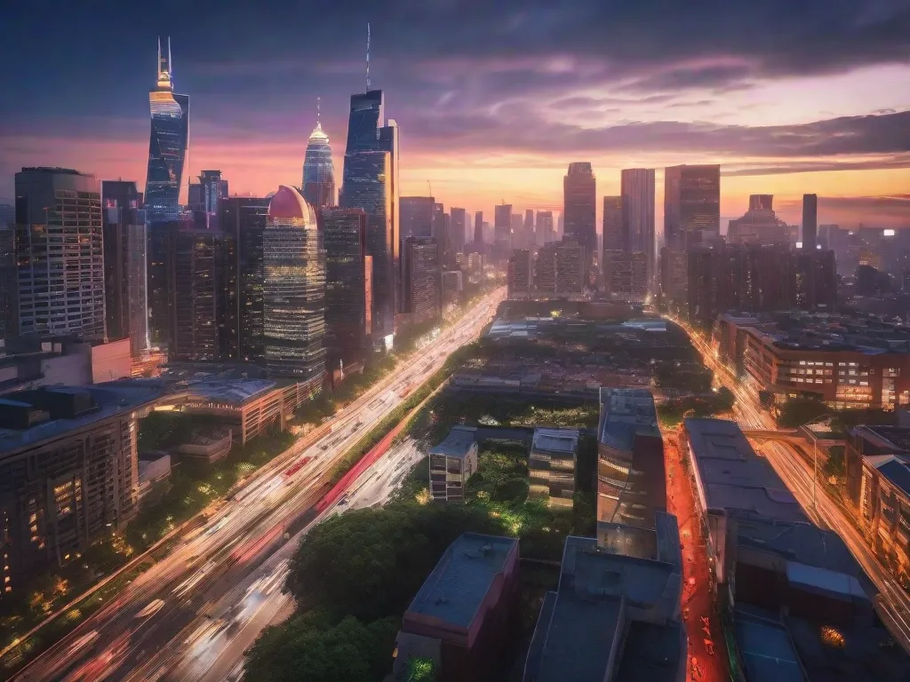 Uma paisagem urbana movimentada ao anoitecer, com arranha-céus imponentes iluminados por luzes vibrantes. As ruas abaixo estão cheias de uma agitação frenética, com carros e pedestres navegando pela selva urbana. A imagem captura a essência do urbanismo, mostrando a energia dinâmica e a modernidade da vida na cidade.