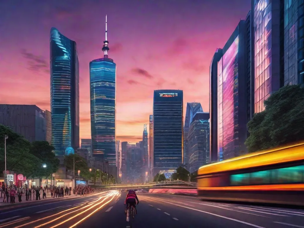 Descrição: Uma paisagem urbana movimentada ao entardecer, com arranha-céus imponentes e ruas iluminadas. A paisagem urbana exibe uma fusão de arquitetura moderna e prédios históricos, refletindo a energia vibrante da vida urbana. Pessoas podem ser vistas caminhando nas calçadas, carros passando rapidamente e luzes coloridas adicionando um toque