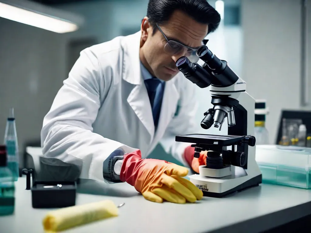 Descrição da imagem: Uma fotografia em close-up de um cientista forense examinando evidências sob um microscópio. As mãos enluvadas do especialista manuseiam cuidadosamente uma peça de evidência, enquanto sua expressão concentrada e a luz intensa do microscópio destacam a importância de seu trabalho minucioso na resolução de casos criminais.