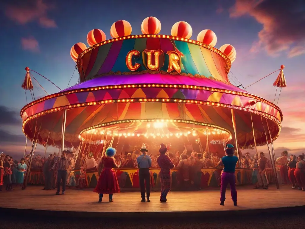 Descrição: Uma tenda de circo colorida ergue-se alta contra um vibrante céu de pôr do sol, com uma multidão de espectadores animados reunidos do lado de fora. O riso enche o ar enquanto um palhaço, adornado com uma roupa colorida em arco-íris, malabarista bolas coloridas brilhantes, trazendo alegria e diversão para a plateia.