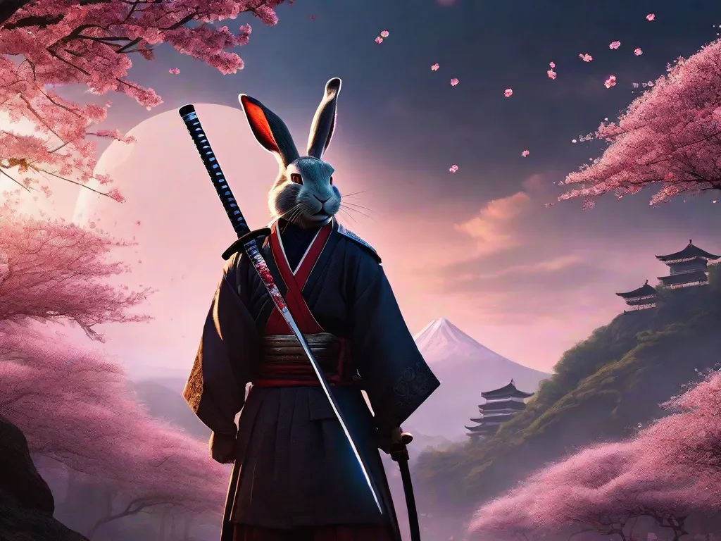 Um coelho samurai se destaca em uma colina iluminada pela lua, sua katana brilhando na noite. Com sua expressão estoica e túnicas fluindo, ele incorpora o espírito de honra e resiliência. O cenário de árvores de cerejeira adiciona um toque de serenidade a esta épica história de aventura e lealdade.