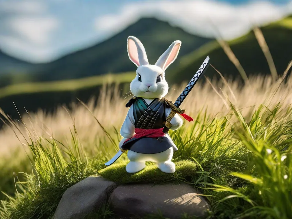 Um solitário coelho samurai, Usagi Yojimbo, está em pé no topo de uma colina gramada, sua katana reluzindo sob a luz do sol. Com uma expressão estoica, ele contempla o horizonte, pronto para enfrentar qualquer desafio que surja em seu caminho. O vento sussurra as altas lâminas de grama ao seu redor, indicando as aventuras que o