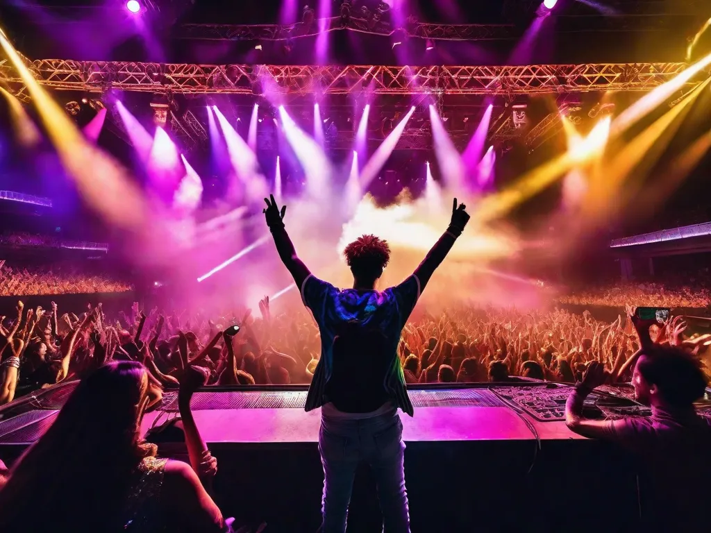 Uma imagem vibrante mostrando um local de concerto lotado, com um mar de fãs agitando entusiasticamente as mãos no ar. O palco é iluminado por luzes coloridas, e o artista enérgico cativa a plateia com sua performance eletrizante. O ambiente está cheio de emoção, capturando a essência da cultura pop.