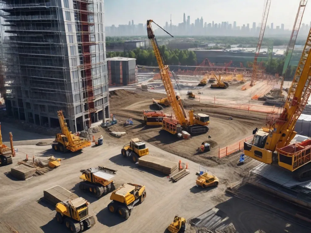 Descrição: Uma vista aérea panorâmica de um movimentado canteiro de obras para um novo arranha-céu. Guindastes imponentes, trabalhadores de capacete e maquinário pesado estão espalhados pelo local, mostrando a complexidade e precisão da engenharia civil em ação.