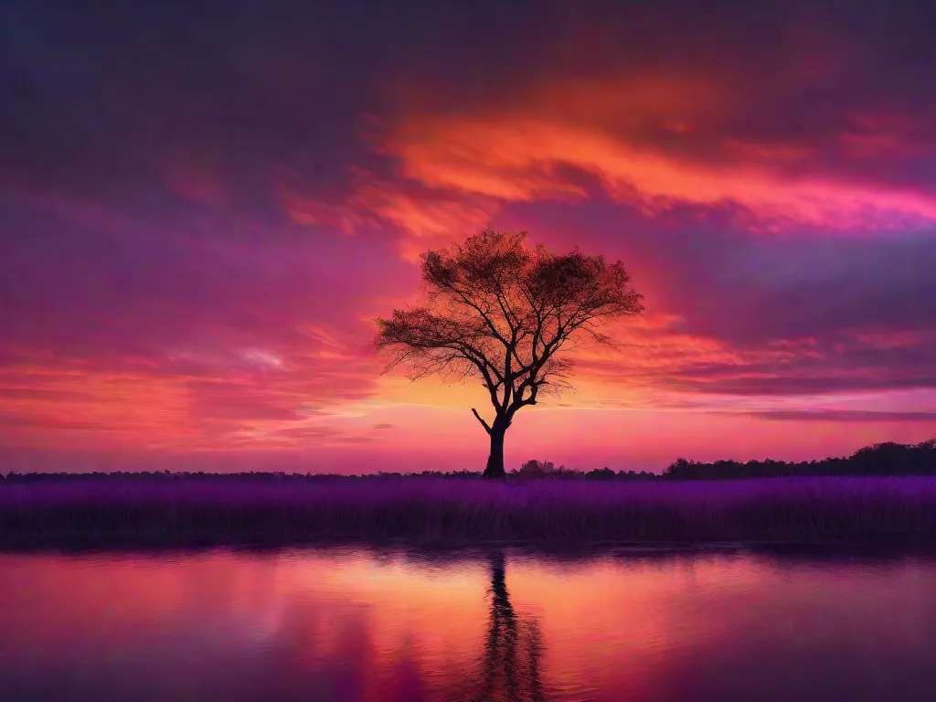 Uma imagem hipnotizante de um céu crepuscular pintado em tons de laranja, rosa e roxo. O sol em declínio lança seu brilho quente em uma árvore solitária que se ergue alta contra o horizonte, criando uma silhueta que se mescla perfeitamente com o escurecimento do céu. A beleza do crepúsculo se desdobra nessa cena